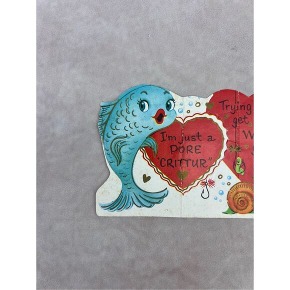 Vintage Valentine’s Day Card Anthropomorphic Fish Fisherman Ephemera - Picture 2 of 6